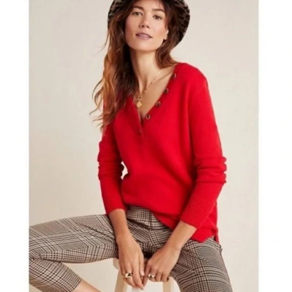 Anthropologie Serena red v-neck button pullover sweater XS - Picture 1 of 8